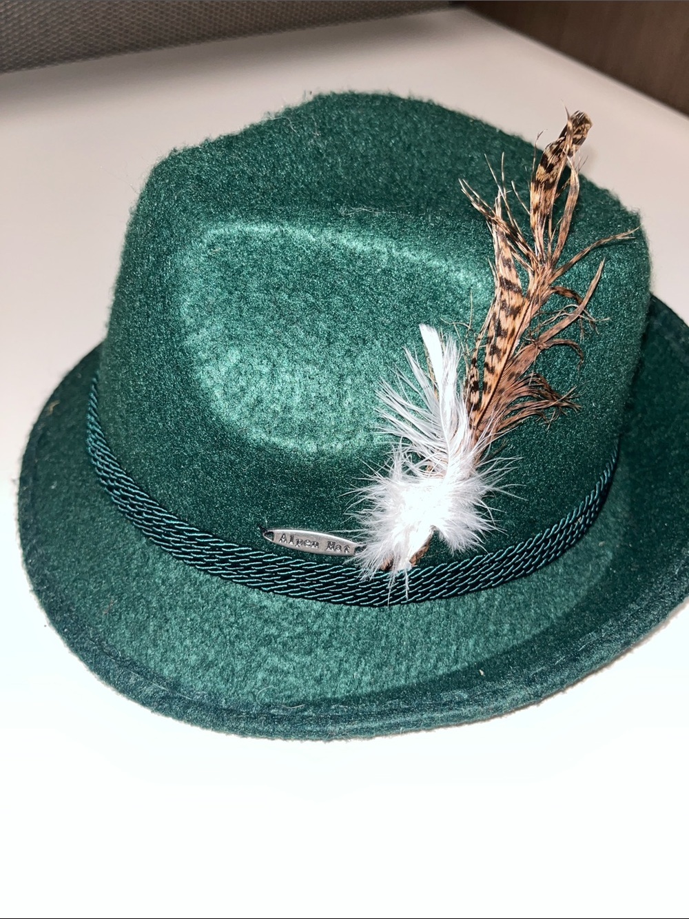 Children's Green Felt Fedora Hat with Feather Trim